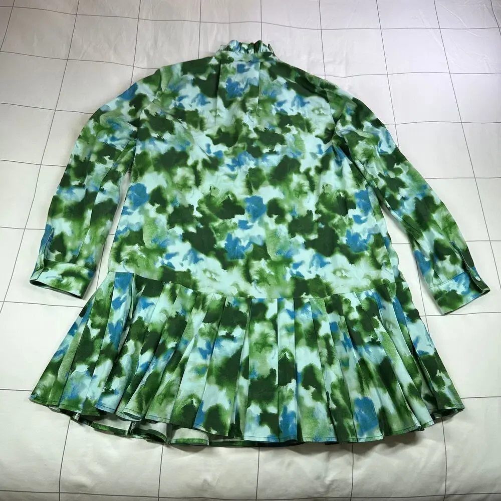Tuckernuck Dress Womens Medium Green Deep Lagoon Tate Pleated Mini Long Sleeve - Picture 4 of 10